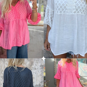 Cilla Viskosblus – vit, svart, neonrosa