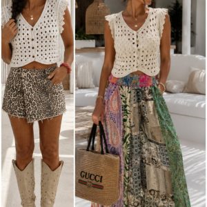 Lucky Crop Virkad Topp i bomull – beige, vit