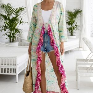 Kimono med Volang Grön, cerise volang – sidenmix