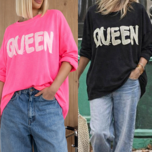QUEEN Oversize Topp – Svart, Neonrosa
