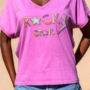 T-shirt med pärlbroderier “Rock Star” Violet – boho chic topp i bomull